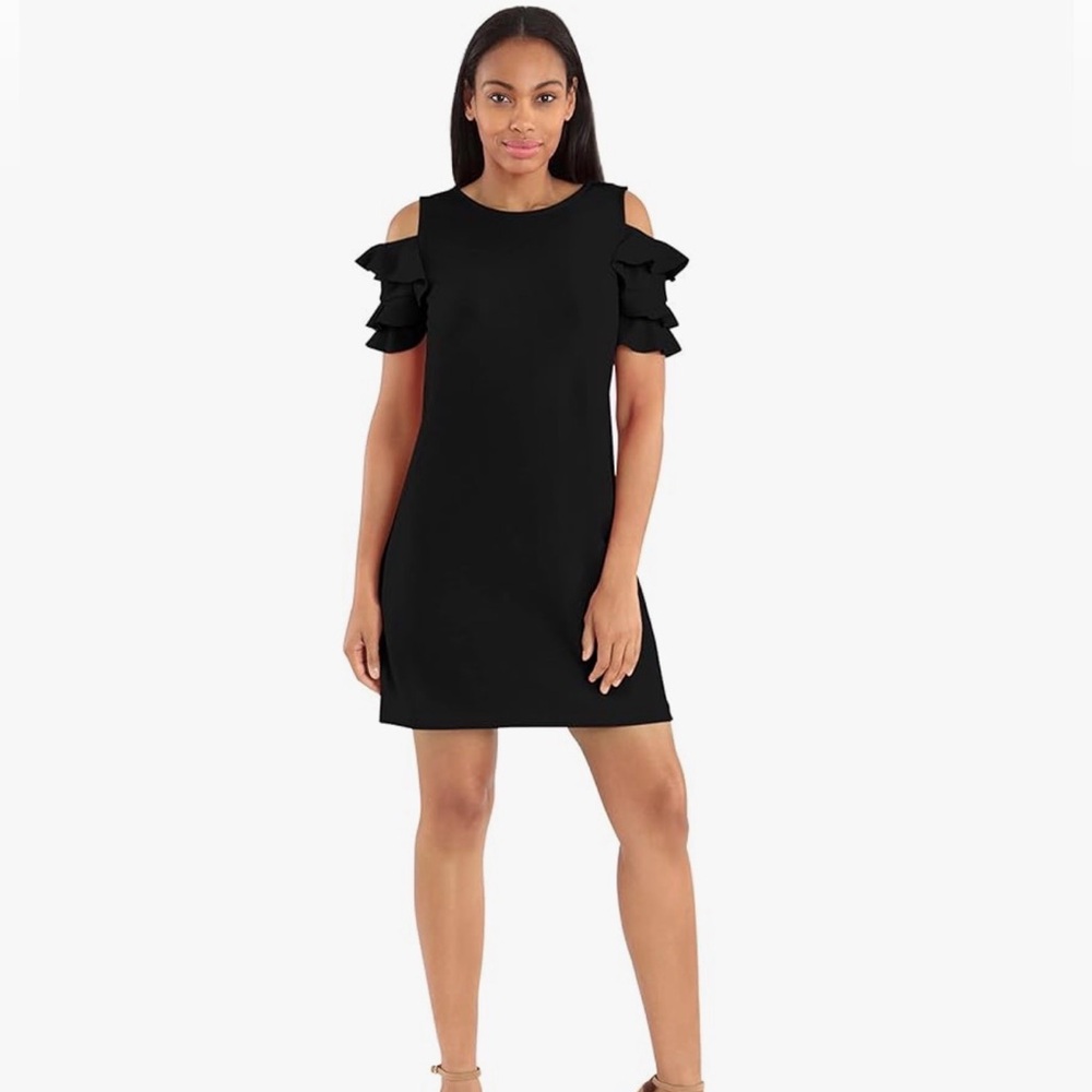 London Times Black Dress with Peekaboo Ruffle Sleeves Size XL